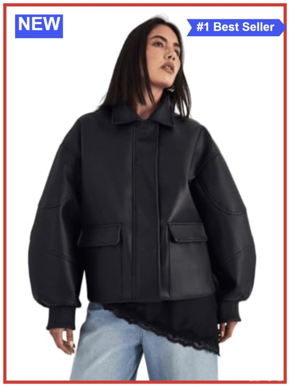 Oversized Longline Faux Leather Bomber Jacket Wide Collar Button Front